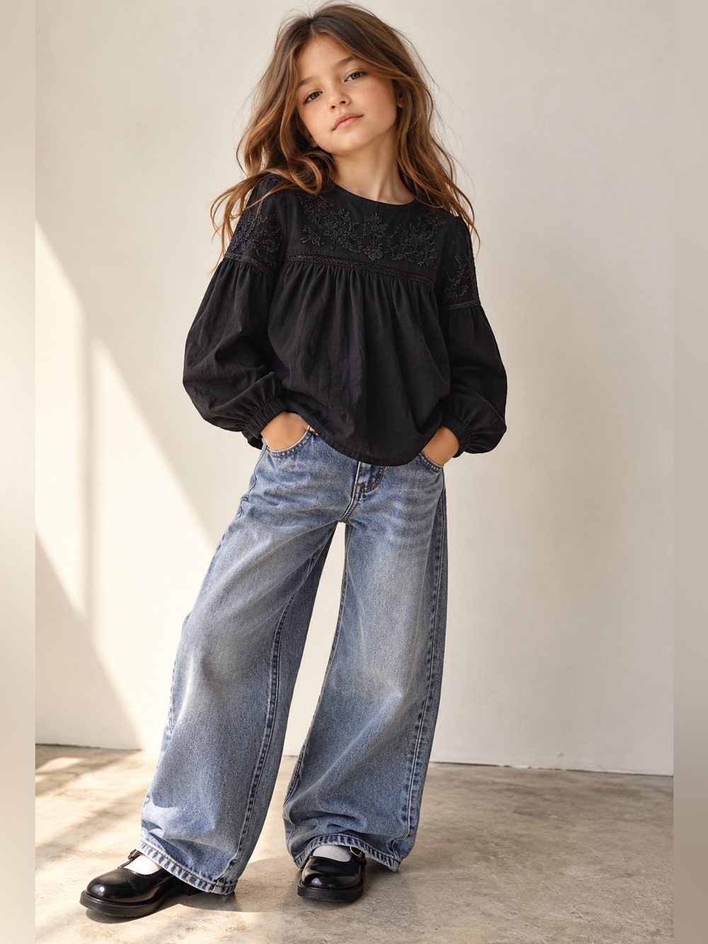 Zara Kids Girls Black Embroidered Blouse ~ Size 8